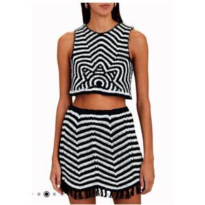 Saylor Skirt Women Medium Black White Crochet Knit Fringe Chevron‎ Thourn Mini